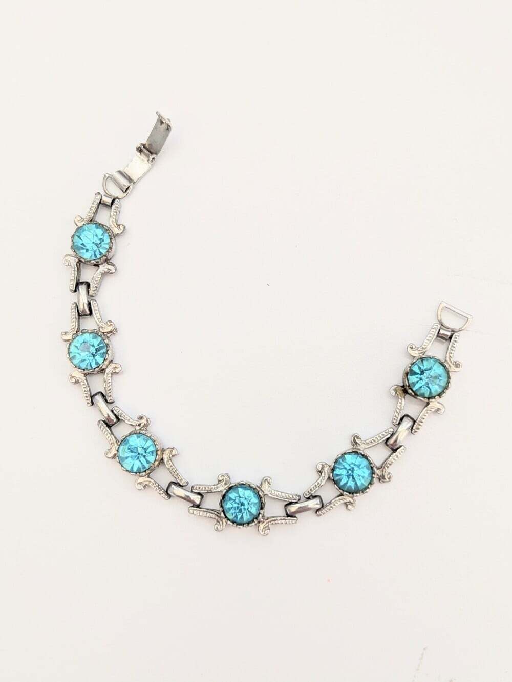 Vintage-Style Silver-Tone Link Bracelet w/Round Blue Stones